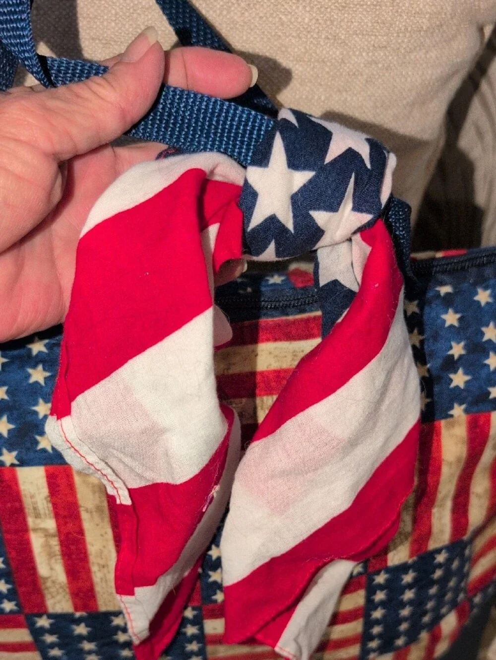 Large Patriotic American Flag Patchwork Bag With Red, White And Blue twilly